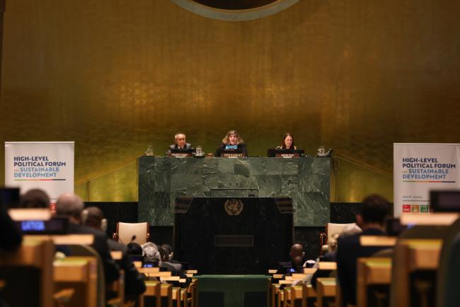 Lachezara Stoeva, President, Economic and Social Council (ECOSOC) (center), welcomes delegates to the start of HLPF 2023