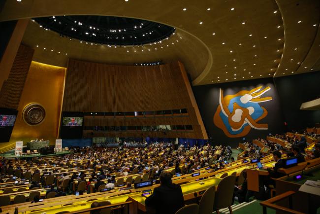Delegates gather in the UN General Assembly hall for the start of HLPF 2023