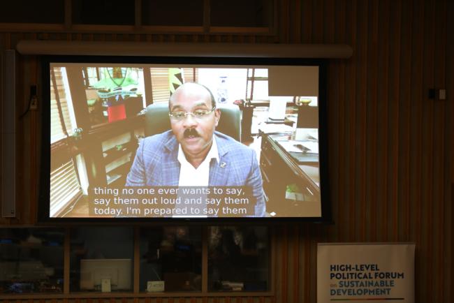 Gaston Browne, Prime Minister, Antigua and Barbuda, addresses the plenary via video message