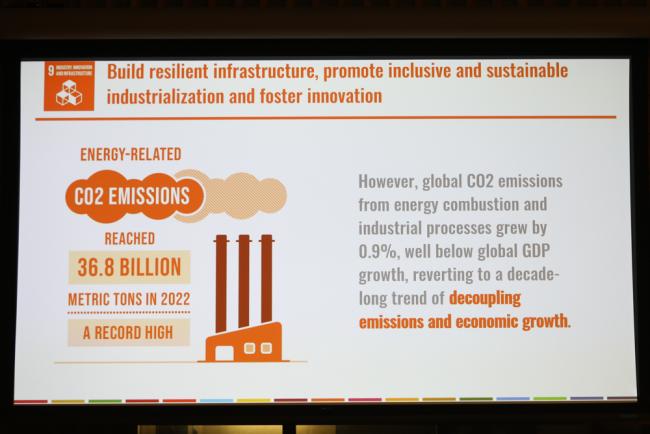 A slide from UNDESA highlights that CO2 emissions have increased as a result of industry