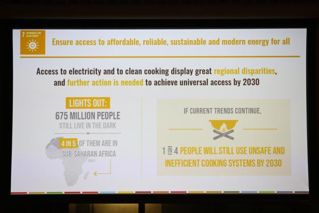 A slide highlights that 675 million people still live without electricity as attention turns to SDG 7 (energy)