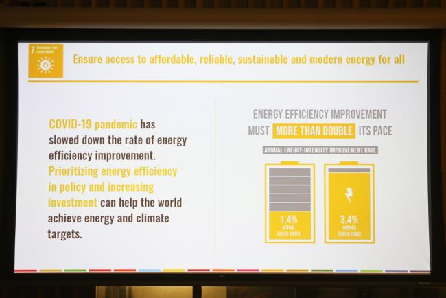 During the discussions on SDG 7, a slide highlights that we must more than double our pace of energy efficiency improvement to achieve the 2030 targets