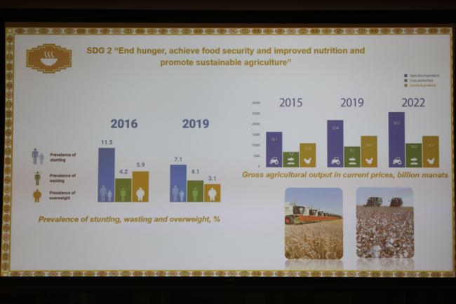 A slide from Turkmenistan's VNR highlights the progress they are making for SDG 2 (no hunger)