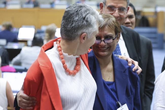 Joy Jacqueline Pereira is being congratulated by Debra Roberts for her election as WGIII Co-Chair