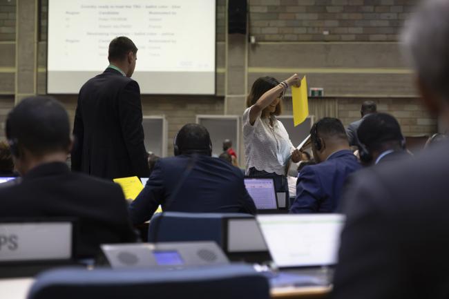 Members of the IPCC Secretariat distributing ballots to the delegates