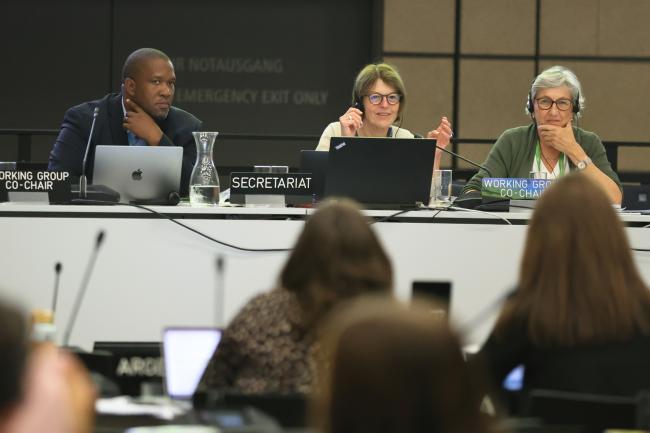 L-R Luthando Dziba, Co-Chair of the Working Group 2, IPBES Executive Secretary Anne Larigauderie, and Julia Marton-Lefèvre, Co-Chair of the Working Group 2 