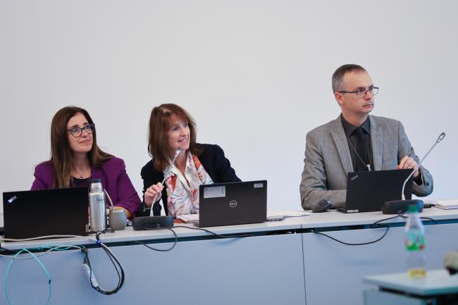 From L-R: Thematic Group on resolutions Co-Facilitators Judith Torres, Uruguay, and Kay Williams, UK; and Rafal Brykowski, SAICM Secretariat