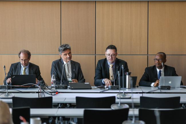 From L-R: Jose de Mesa, SAICM Secretariat; Didier Salzmann, SAICM Secretariat; and Programme of Work and Budget Thematic Group Co-Facilitators Přemysl Štěpánek, Czechia, and Olubunmi Olusanya, Nigeria