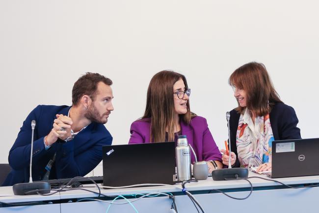 From L-R: Agustín Harte, SAICM Secretariat; and Thematic Group on resolutions Co-Facilitators Judith Torres, Uruguay, and Kay Williams, UK