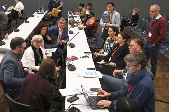 Julia Marton-Lefèvre, Co-Chair of Working Group 2, discussing with delegates and IPBES Secretariat members