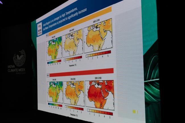A slide highlights the extreme heat expected in the MENA region due to climate change