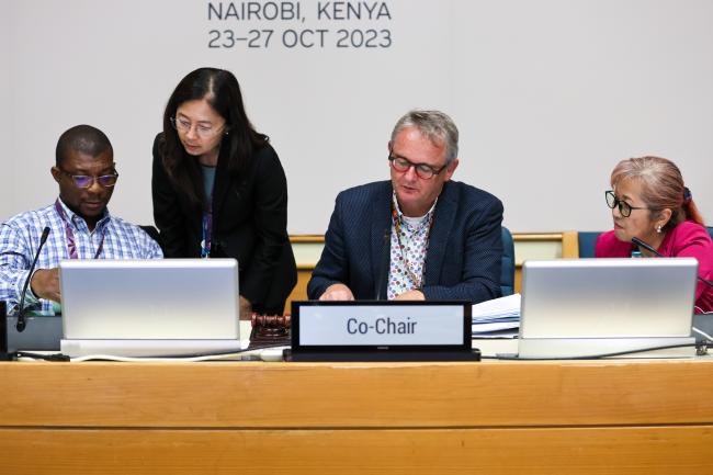 From L-R: MOP 35 Co-Chair Vidémé Amèh Djossou, Togo; Maria Socorro Manguiat, Deputy Executive Secretary, Ozone Secretariat; MOP 35 Co-Chair Ralph Brieskorn, the Netherlands; and Megumi Seki, Executive Secretary, Ozone Secretariat;