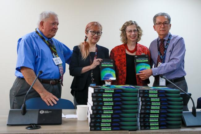 From L-R: Stephen O. Andersen, Institute for Governance and Sustainable Development (IGSD); Megumi Seki, Executive Secretary, Ozone Secretariat; Inger Andersen, Executive Director, UNEP; and Marco Gonzalez, TEAP