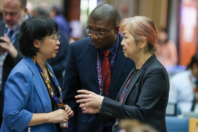 From L-R: Zhou Guomei, China; MOP35 Co-Chair Vidémé Amèh Djossou, Togo; and Megumi Seki, Executive Secretary, Ozone Secretariat