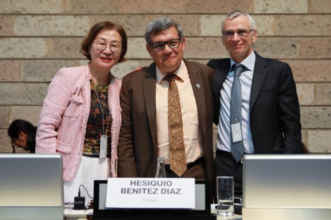 From L-R: Jihyun Lee, Meeting Secretary; SBSTTA Chair Hesiquio Benítez Díaz; and David Cooper, Acting Executive Secretary, CBD