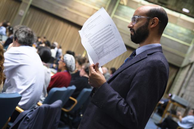 A delegate reviewing the text 