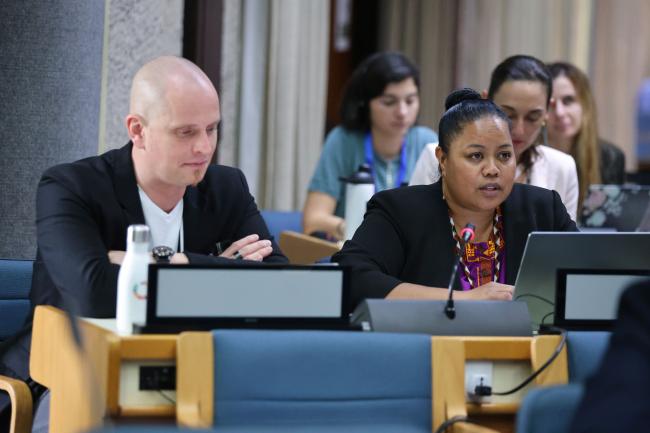 Axel Borchmann, Germany, and Gwendalyn Kingtaro Sisior, Palau, Co-Facilitators of Contact Group 1, reporting back to plenary 
