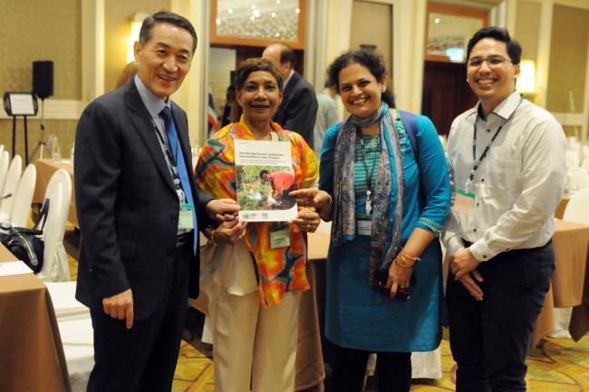 (L-R) Hwan-ok Ma, ITTO Secretariat; Sheam Satkuru, ITTO Executive Director; Suneetha Subramanian, United Nations University Institute for the Advanced Study of Sustainability (UNU-IAS); and Satrio Adi Wicaksono, International Union for Conservation of Nature (IUCN)