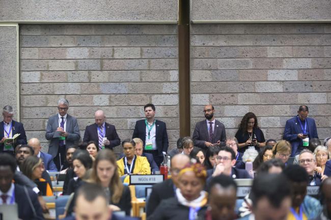 Delegates following the proceedings from the back of the plenary room