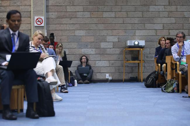 Delegates following the proceedings from the back of the plenary room 