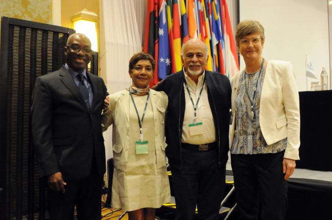(L-R) Mohammed Nurudeen Iddrisu, Ghana; Sheam Satkuru, Executive Director, ITTO; Jorge Malleux Orjeda, Peru; and Anna Tyler, New Zealand