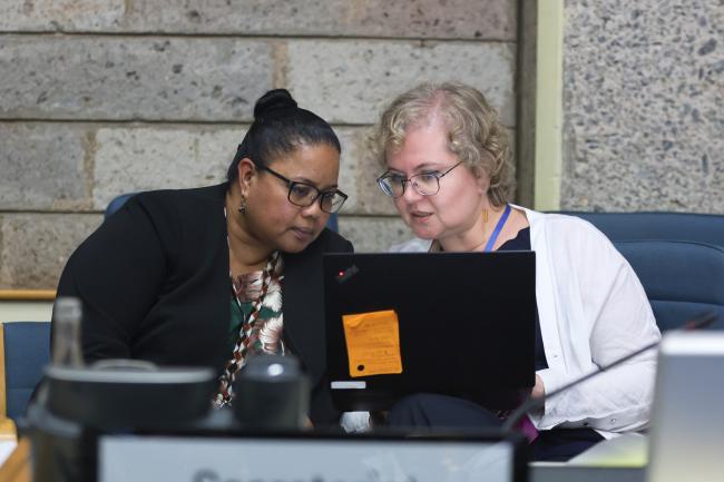Gwendalyn Kingtaro Sisior, Palau, Co-Facilitator of Contact Group 1, consulting with Marianna Bolshakova, INC Secretariat - INC3