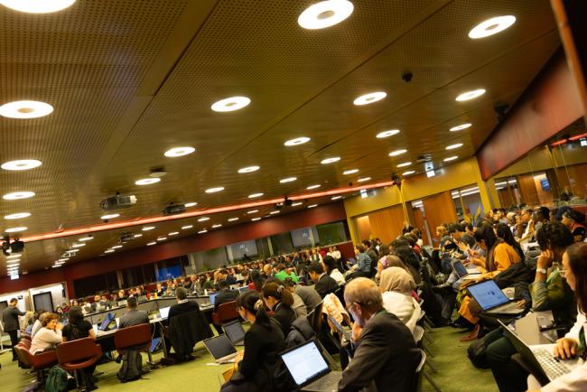 Delegates gather for the contact group on the development of a new programme of work and institutional arrangements on Article 8(j) and other provisions of the Convention related to indigenous peoples and local communities
