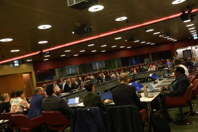 Delegates gather for the contact group on the development of a new programme of work and institutional arrangements on Article 8(j) and other provisions of the Convention related to indigenous peoples and local communities