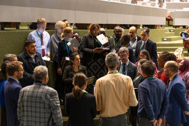 Delegates huddle to reach agreement on the proposed text