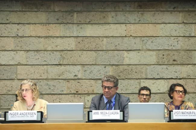 Inger Andersen, Executive Director, UNEP, INC Chair Gustavo Meza-Cuadra, Peru, and Jyoti Mathur-Filipp, Executive Secretary, INC Secretariat 