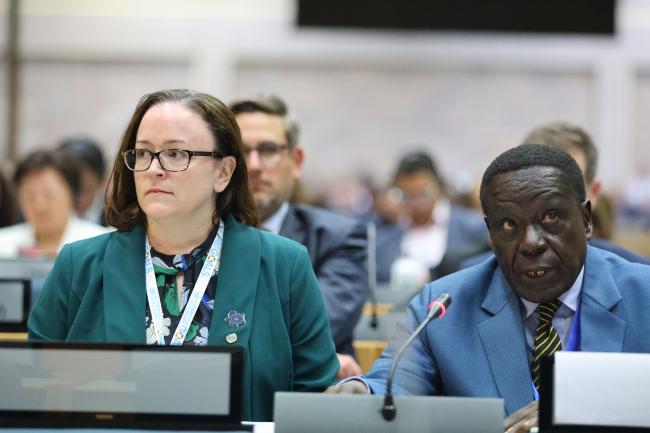 Katherine Lynch, Australia, and Oliver Boachie, Ghana, Co-Facilitators of Contact Group 2, reporting back to plenary  