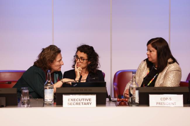 Monika Stankiewicz, Executive Secretary, Minamata Convention, Lara Ognibene, Minamata Convention and Claudia Dumitru (Romania), COP-5 President_MinamataCOP5 - 1Nov2023 – Photo.jpg