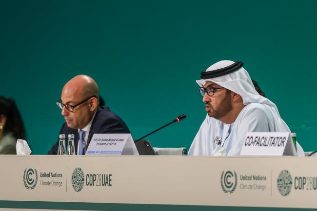 UNFCCC Executive Secretary Simon Stiell, and Sultan Al Jaber, COP 28 President and Minister of Industry and Advanced Technology, UAE - COP28 - 03Dec2023 - Photo