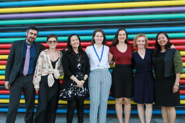 The Earth Negotiations Bulletin team: From L-R: Mike Muzurakis, Greece; Anna Dubrova, Ukraine; Joyce Tan, the Philippines; Hillary Rosentreter, Canada; Jennifer Bansard, Germany; Jen Allan, Canada/UK; and Cristina Mundin, the Philippines