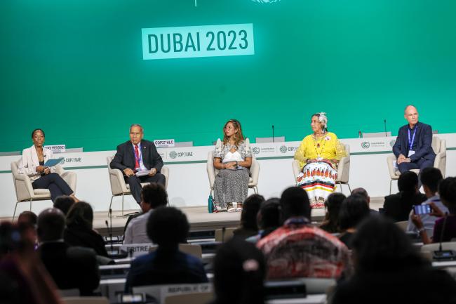 From L-R: Samata Pattinson, CEO and Founder, Black Pearl; Baraniko Baaro, Mayor, Teinainano Urban Council, Tarawa, Kiribati; Mitzi Jonelle Tan, Climate Justice Activist, Co-Founder, Youth Advocates for Climate Action, Philippines; Casey Camp-Horinek, Environmental Ambassador and Hereditary Drumkeeper, Women’s Scalp Dance Society of the Ponca Nation of Oklahoma; and Bertrand Piccard, Founder and President, Solar Impulse Foundation