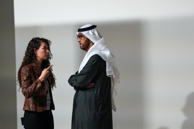 Joanna MacGregor, UNFCCC Secretariat, with Sultan Al Jaber, COP 28 President and Minister of Industry and Advanced Technology, UAE