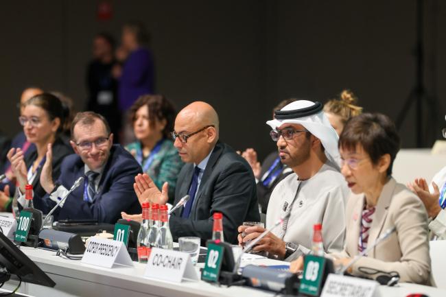 From L-R: Espen Barth Eide, Minister of Foreign Affairs, Norway; UNFCCC Executive Secretary Simon Stiell; Sultan Al Jaber, COP 28 President and Minister of Industry and Advanced Technology, UAE; and Grace Fu, Senior Minister of State for Sustainability and the Environment, Singapore