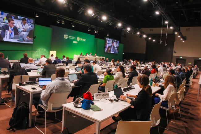 View of the dais during informal consultations on the development and transfer of technologies and implementation of the Technology Mechanism