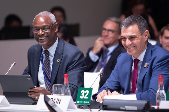 Ibrahim Thiaw, Under-Secretary-General and Executive Secretary, United Nations Convention to Combat Desertification (UNCCD), and Pedro Sanchez,  Spanish Prime Minister