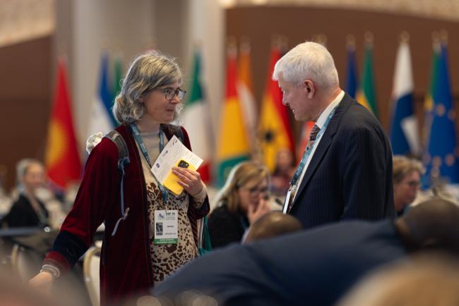 Tanya Rosen, speaks with a delegate