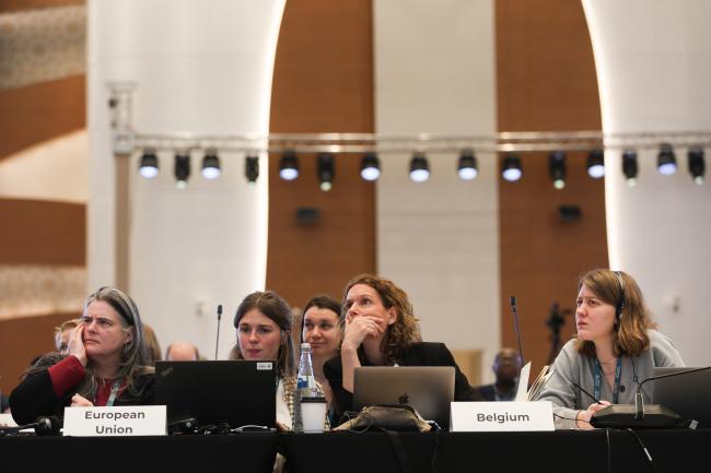 Delegates from the EU review the information presented on screen