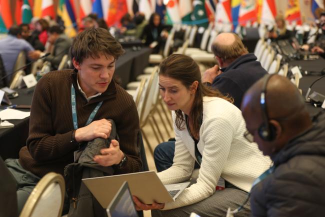 Delegates consult during the session