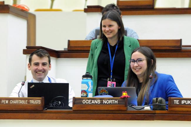 Chris Pickens, Pew Charitable Trusts; Kaja Lønne Fjærtoft, WWF International; and Nicole Zanesco, Oceans North - ISA Council 29th Session Part I - 18Mar2023 - Photo