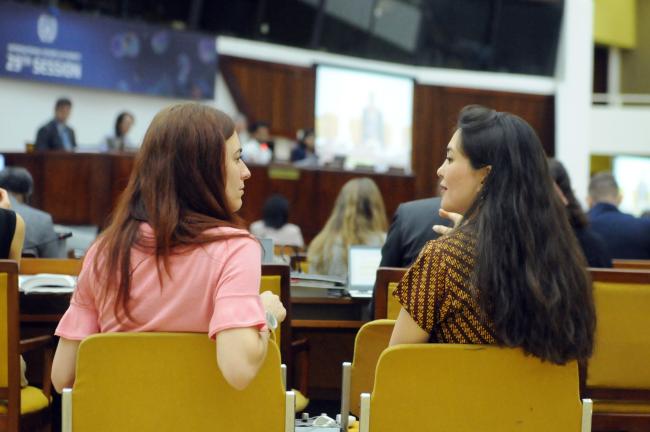 Delegates from the Netherlands confer during the session