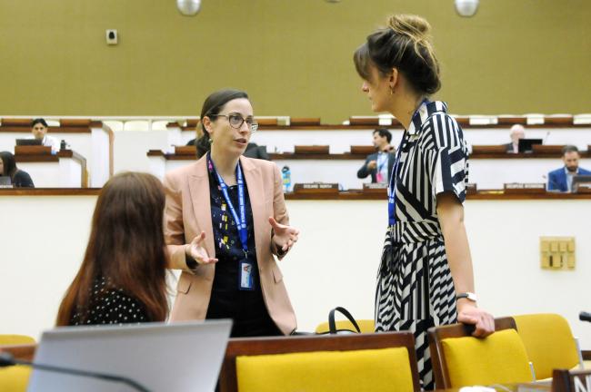 Katherine Cronin, Ireland, confers with delegates from the Netherlands