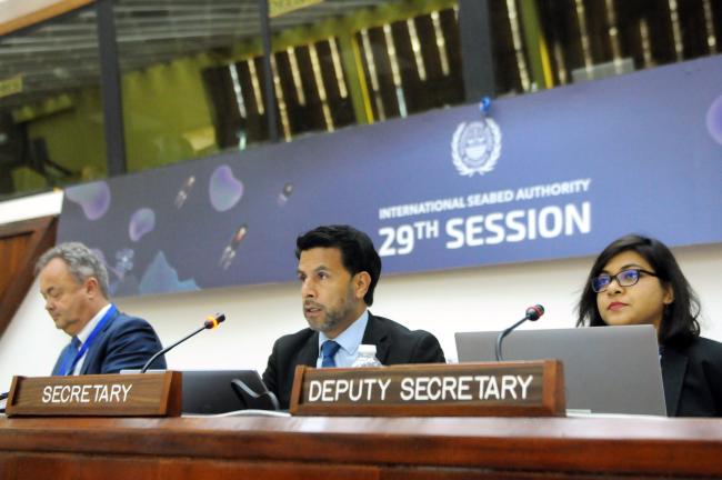 Olav Myklebust, Norway, Chair of the Open-ended Working Group on the financial terms of a contract, and Marcelino Miranda and Tamanna Tabassum Khan, ISA Secretariat