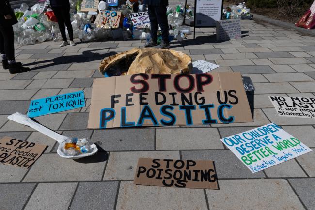 As negotiations continue for their third day, members of civil society demonstrate outside the venue, highlighting that plastic is so pervasive it is now found in food 