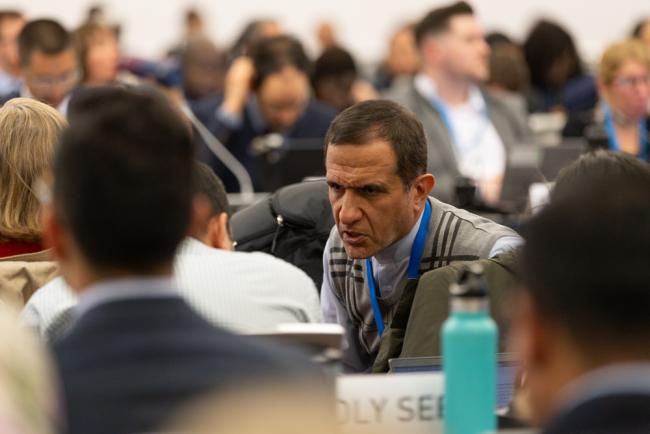 Delegates consult informally as the text is being discussed