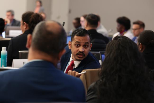 Delegates consult during the session