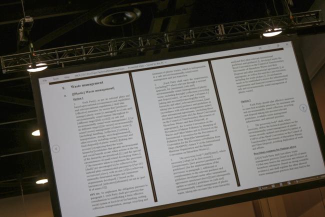 Delegates review the text on screen as discussions continue under Subgroup 1.3